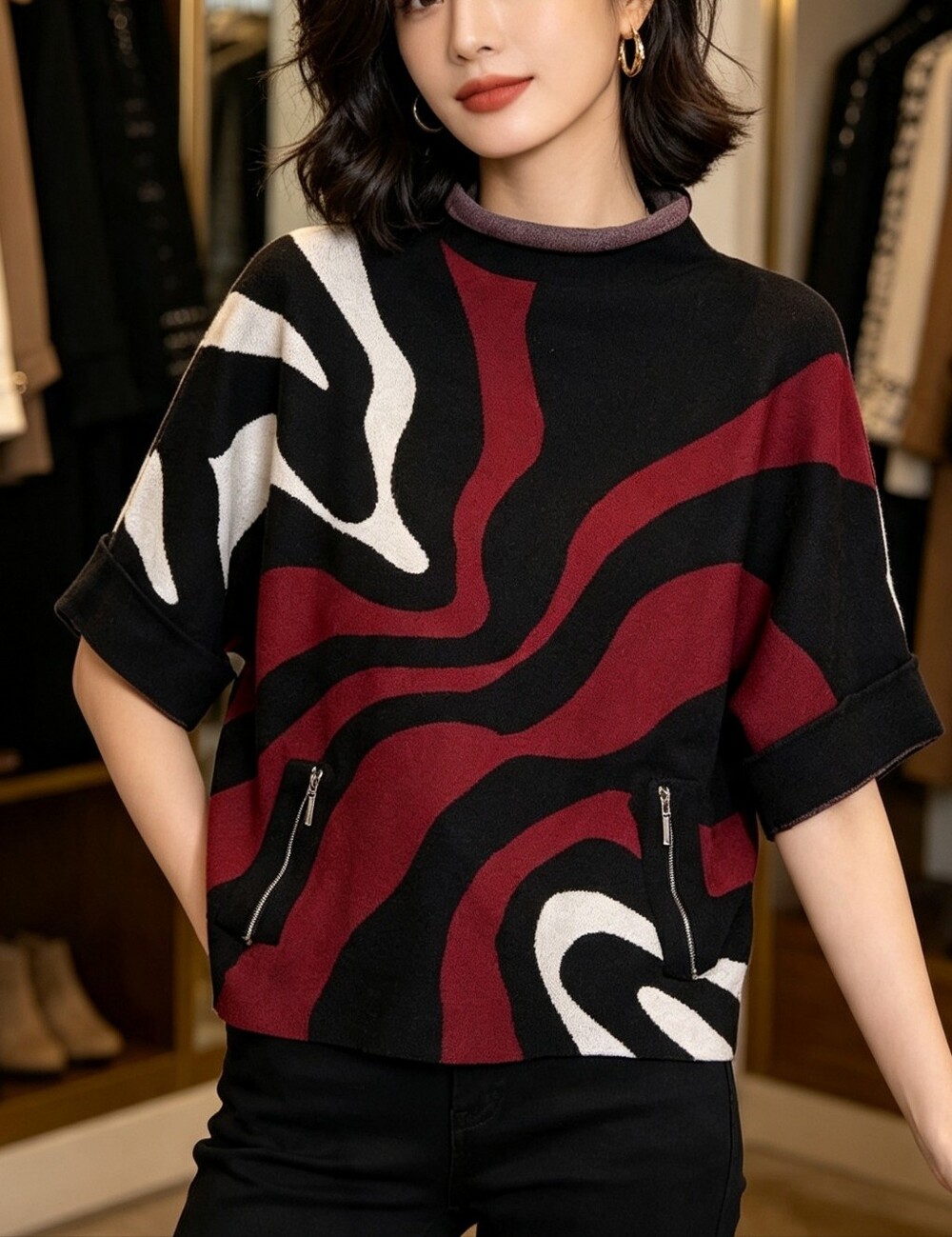 Papa Vancouver Abstract Knit Sweater Dolman Mock Neck Zip Pocket Women's Medium